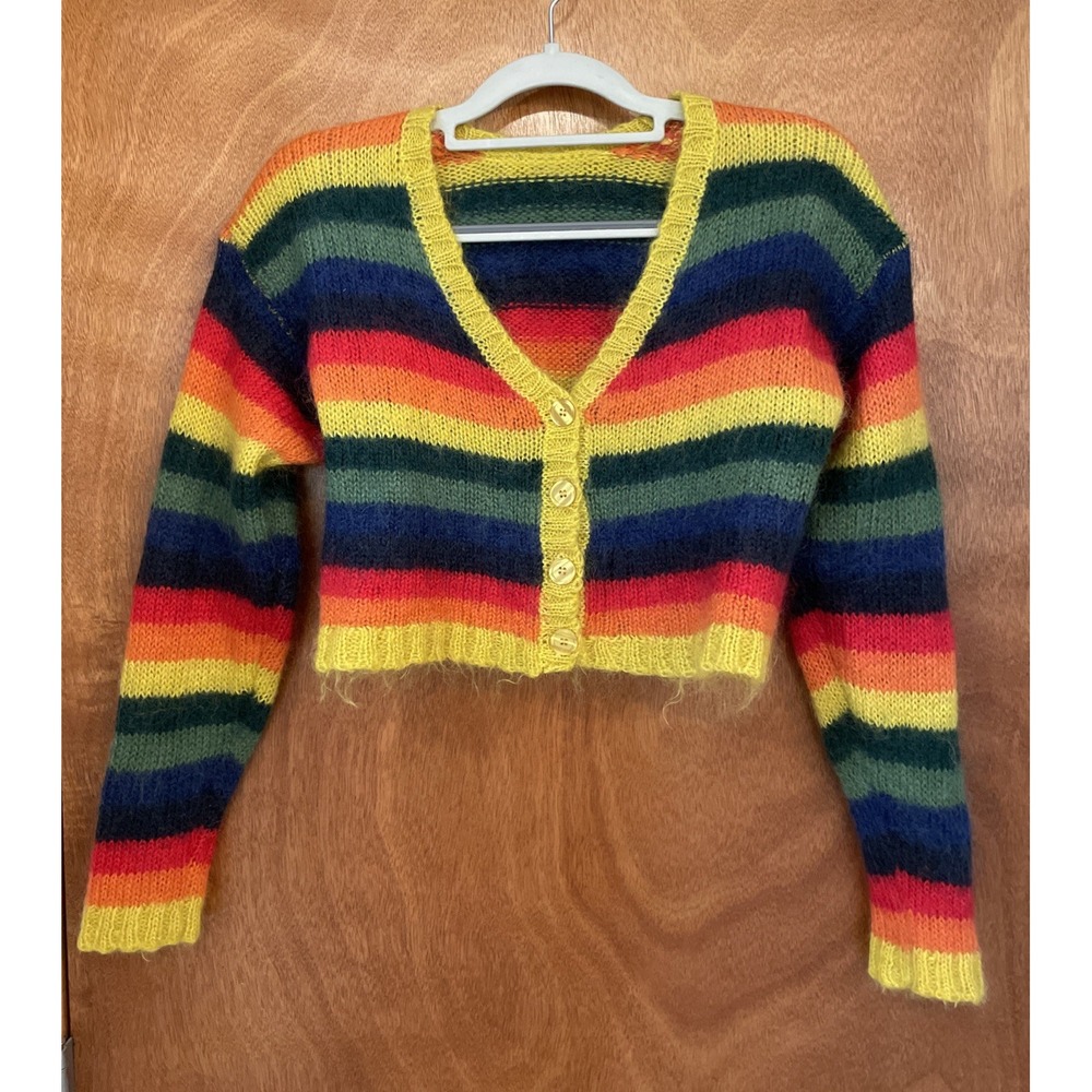 Vintage Style Hand Knit Rainbow Striped Cropped Cardigan Sweater Small Medium